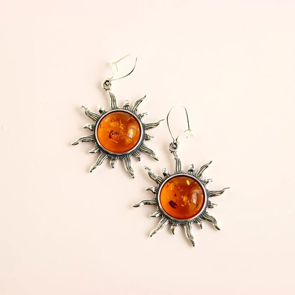 Baltic Amber Large Sun Earrings in 925 Sterling Silver - Picture 3 of 5